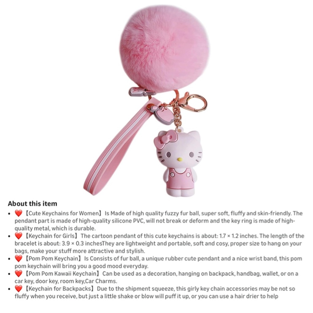 Hello Kitty Pink Fluffy Pom Pom Keychain • NIP - Picture 3 of 3